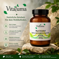 Vitaluma Myo-Inositol Pulver in hochwertiger Naturkulisse als Premium Nahrungsergänzungsmittel präsentiert