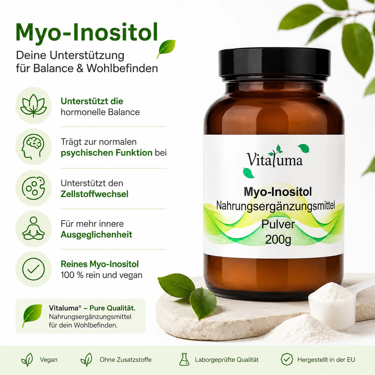 Vitaluma Myo-Inositol Pulver mit Produktvorteilen für Balance und Wohlbefinden übersichtlich dargestellt