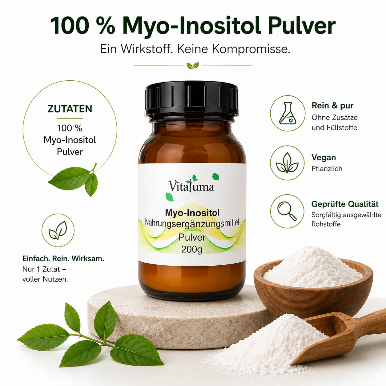Vitaluma Myo-Inositol Pulver mit 100 Prozent reinem Myo-Inositol ohne Zusatzstoffe und Füllstoffe