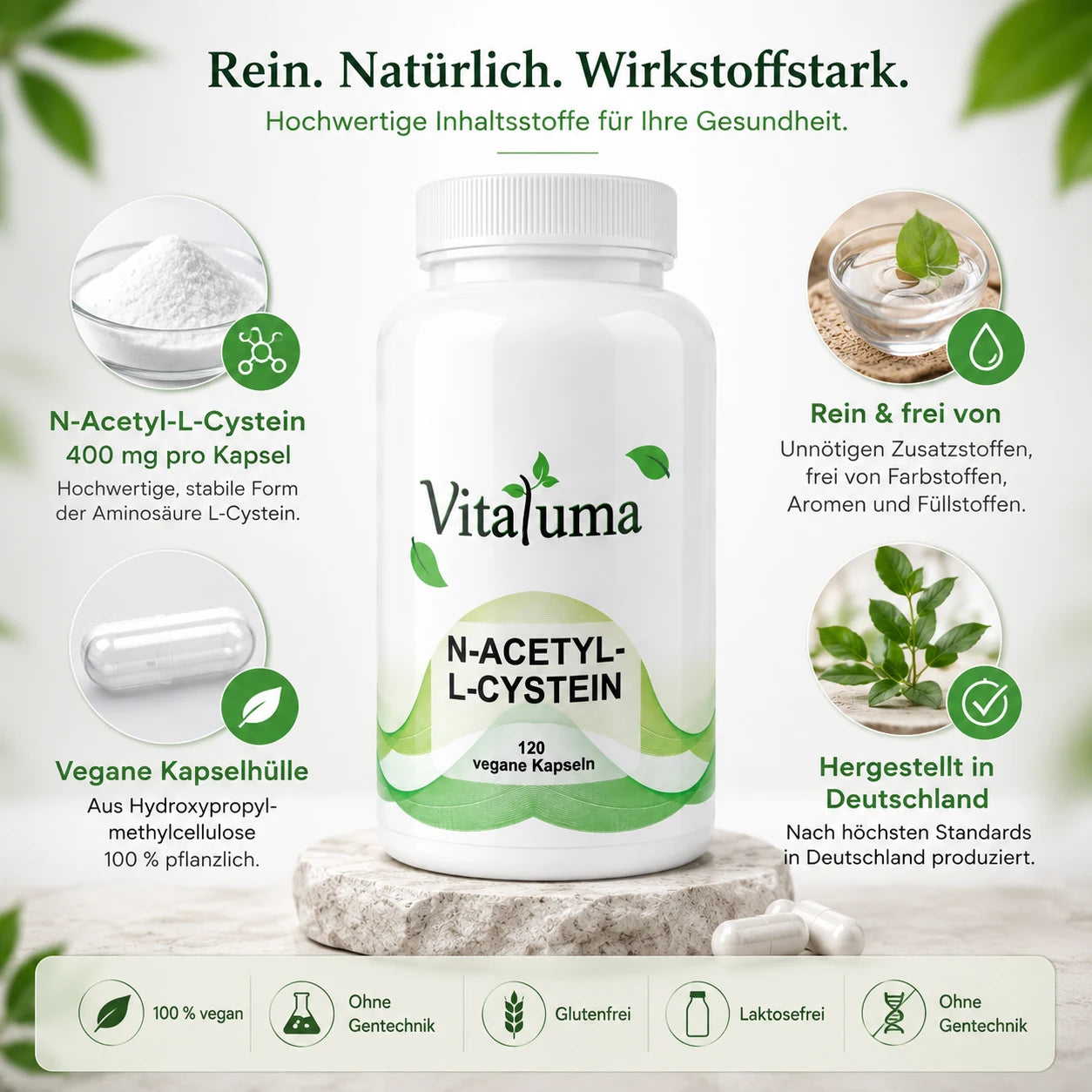 Vitaluma N-Acetyl-L-Cystein Kapseln mit hochwertigem NAC und ausgewählten Inhaltsstoffen in Premium-Qualität.