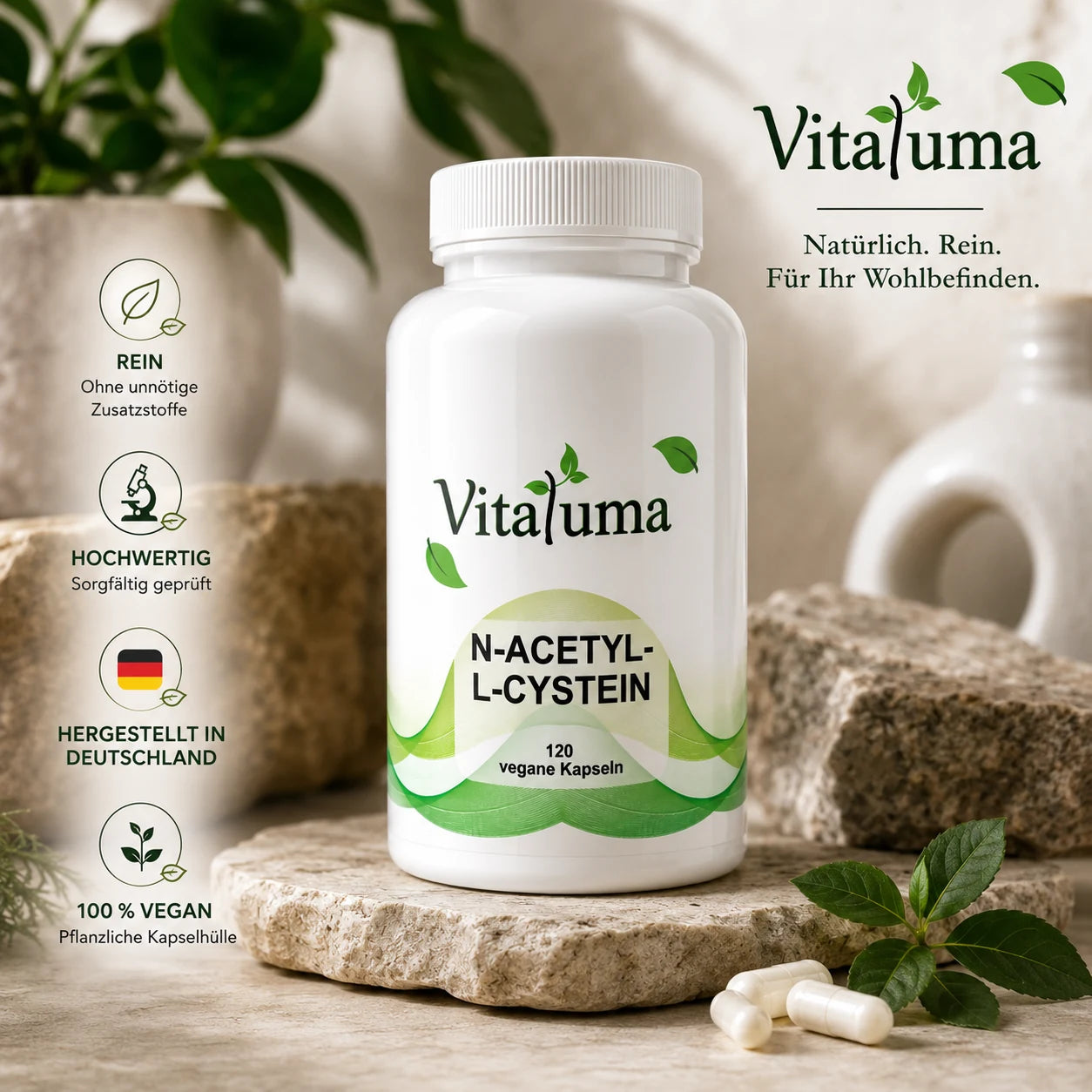 Vitaluma N-Acetyl-L-Cystein Kapseln in Premium-Qualität mit hochwertigem Design für eine bewusste und gesunde Lebensweise.