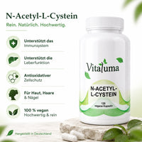 Vitaluma N-Acetyl-L-Cystein Kapseln mit den wichtigsten Vorteilen für Zellschutz, Immunsystem und antioxidativen Schutz.