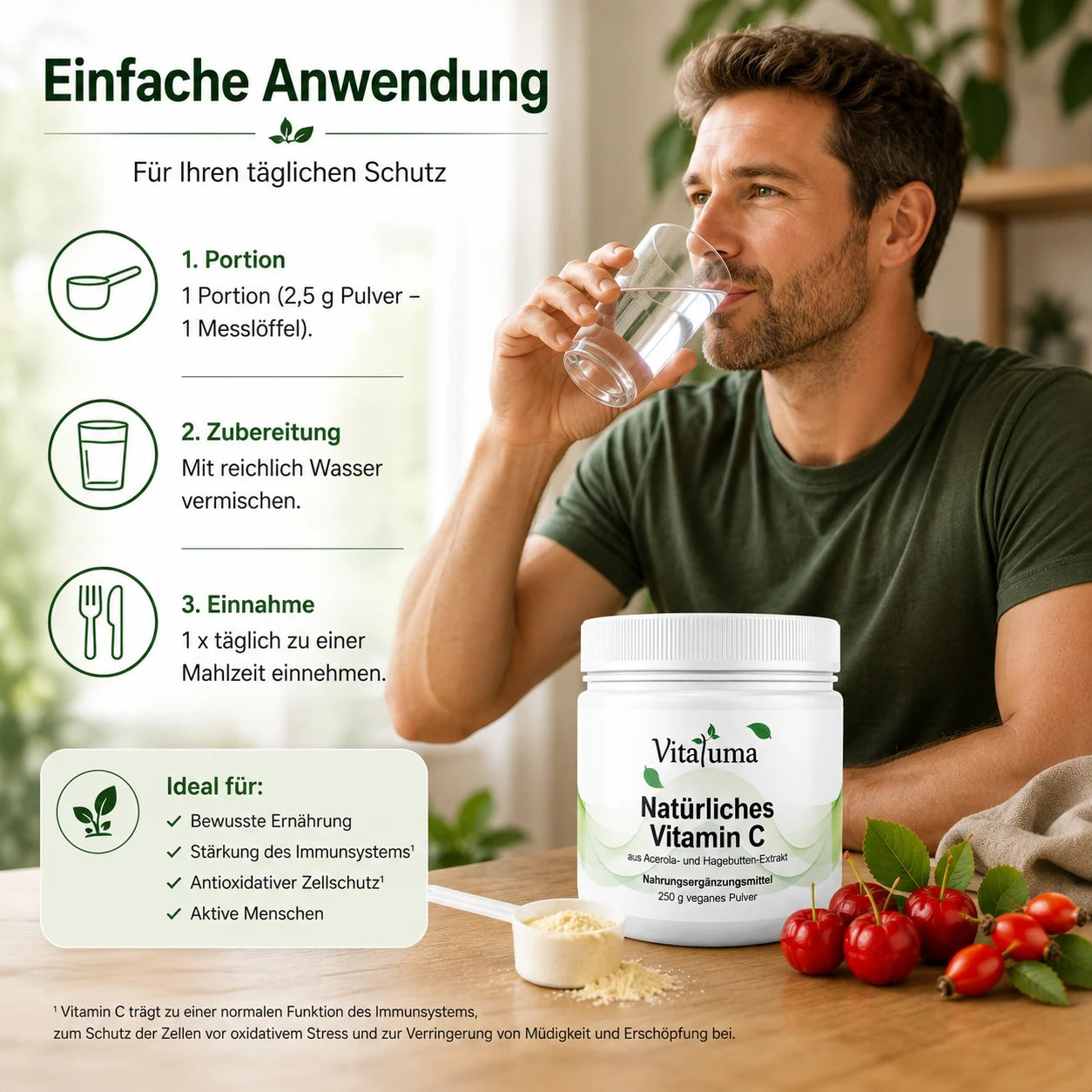 Vitaluma Natürliches Vitamin C als veganes Pulver mit einfacher Anwendung für die tägliche Versorgung mit natürlichem Vitamin C