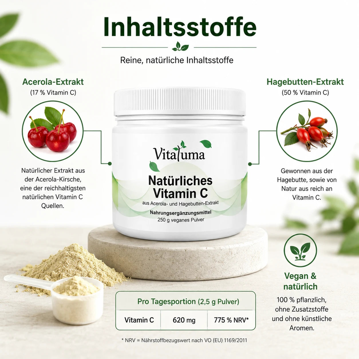 Vitaluma Natürliches Vitamin C mit Acerola- und Hagebutten-Extrakt sowie 620 mg Vitamin C pro Tagesportion als veganes Pulver.