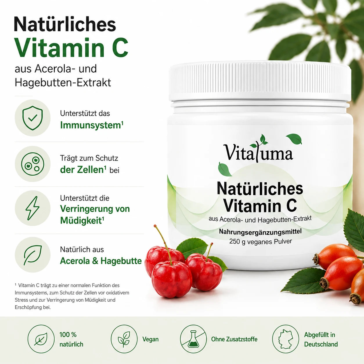 Vitaluma Natürliches Vitamin C mit Acerola- und Hagebutten-Extrakt zur Unterstützung des Immunsystems und des Zellschutzes.