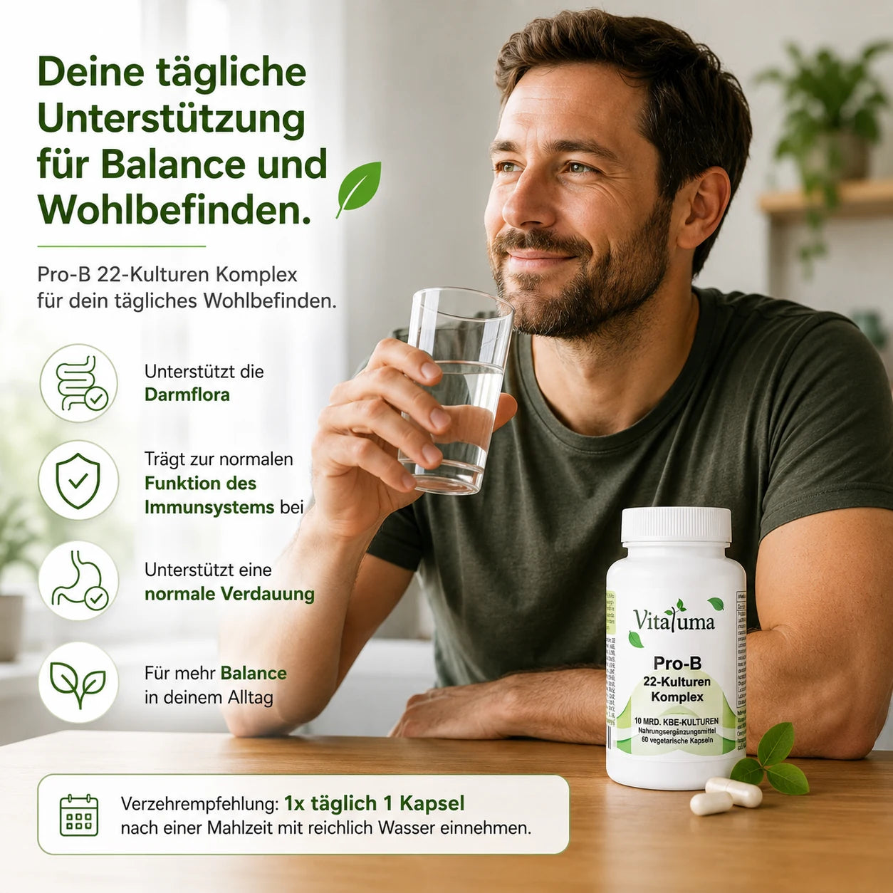 Vitaluma Pro-B 22-Kulturen Komplex für die tägliche Einnahme nach einer Mahlzeit mit praktischer Verzehrempfehlung.