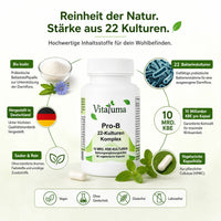 Vitaluma Pro-B 22-Kulturen Komplex mit Bio Inulin, 22 Bakterienkulturen und 10 Milliarden KBE pro Kapsel.