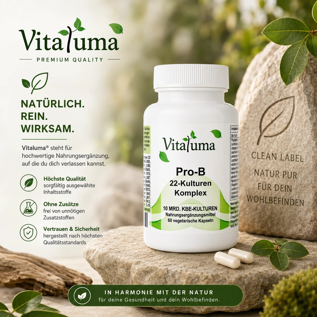 Vitaluma Pro-B 22-Kulturen Komplex als Premium Nahrungsergänzung mit hochwertigen Inhaltsstoffen und Clean Label Qualität.