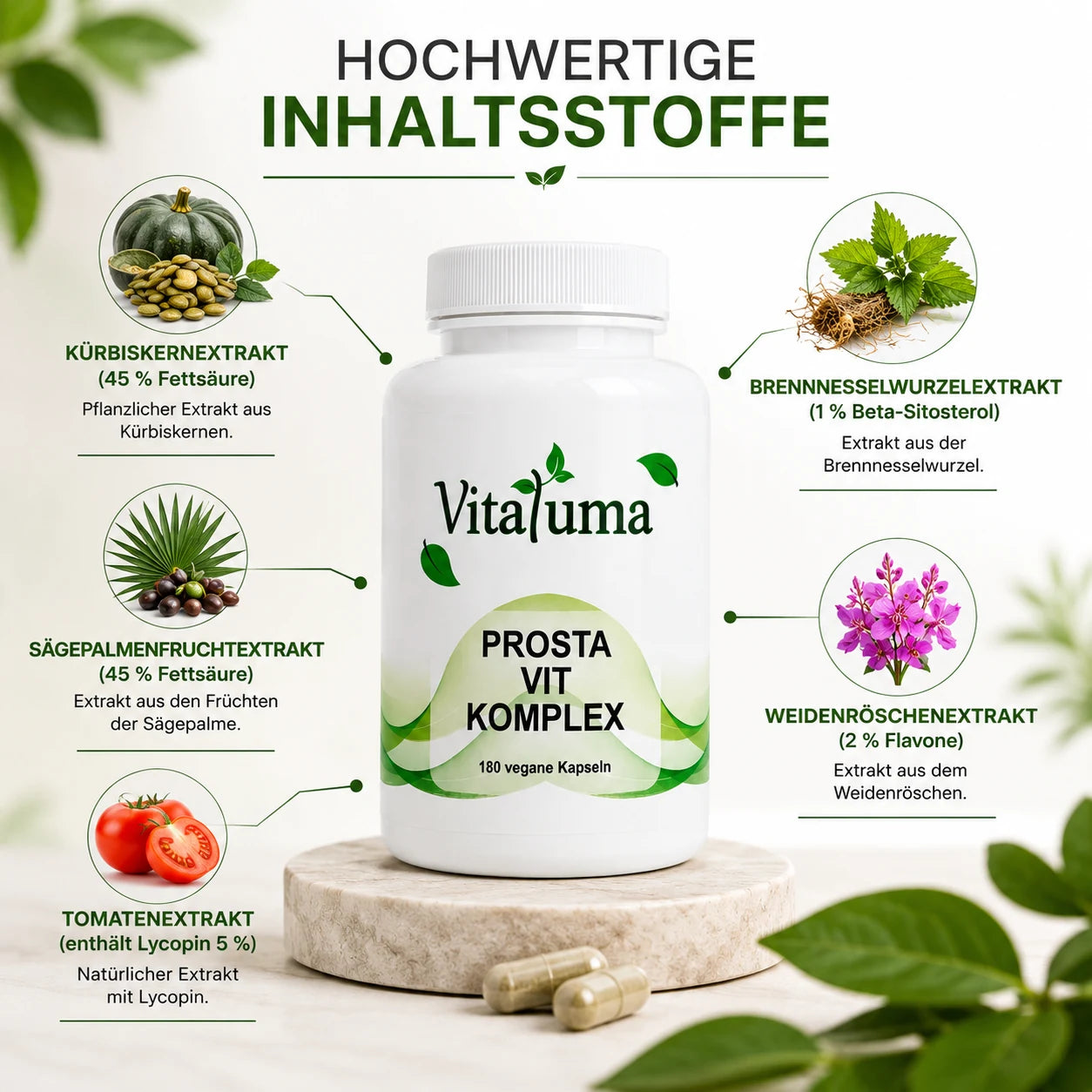 Vitaluma Prosta VIT Komplex mit Kürbiskern-, Sägepalmen-, Brennnessel-, Weidenröschen- und Tomatenextrakt.