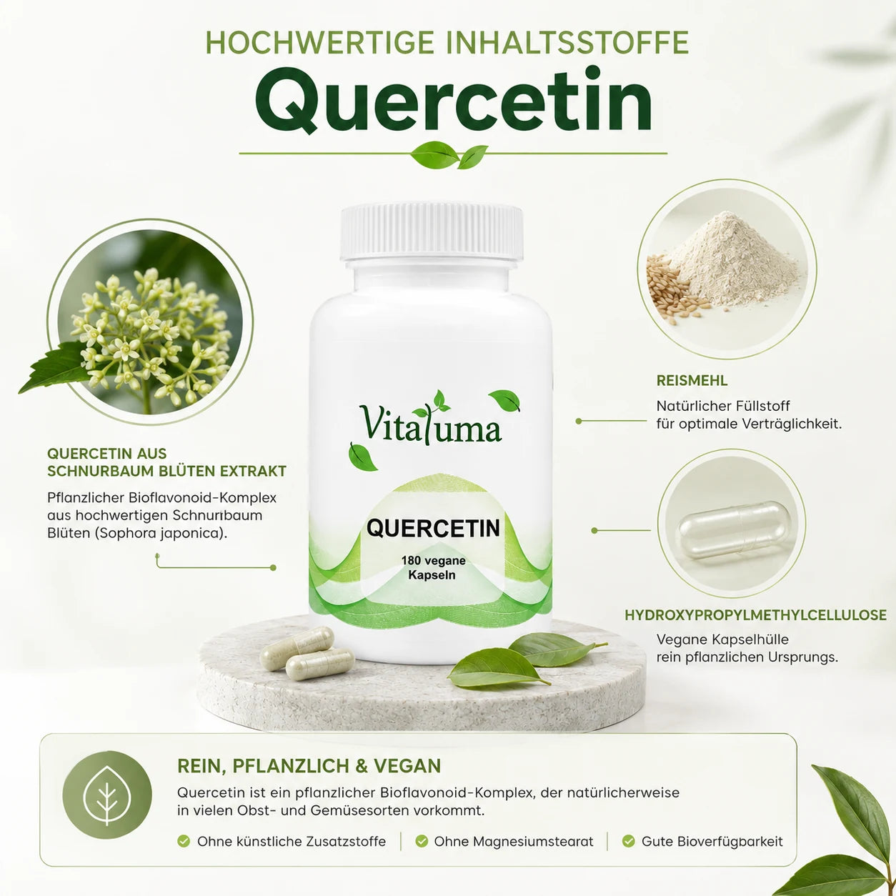 Vitaluma Quercetin mit Schnurbaum-Blüten-Extrakt, Reismehl und veganer Kapselhülle in Premium-Qualität.