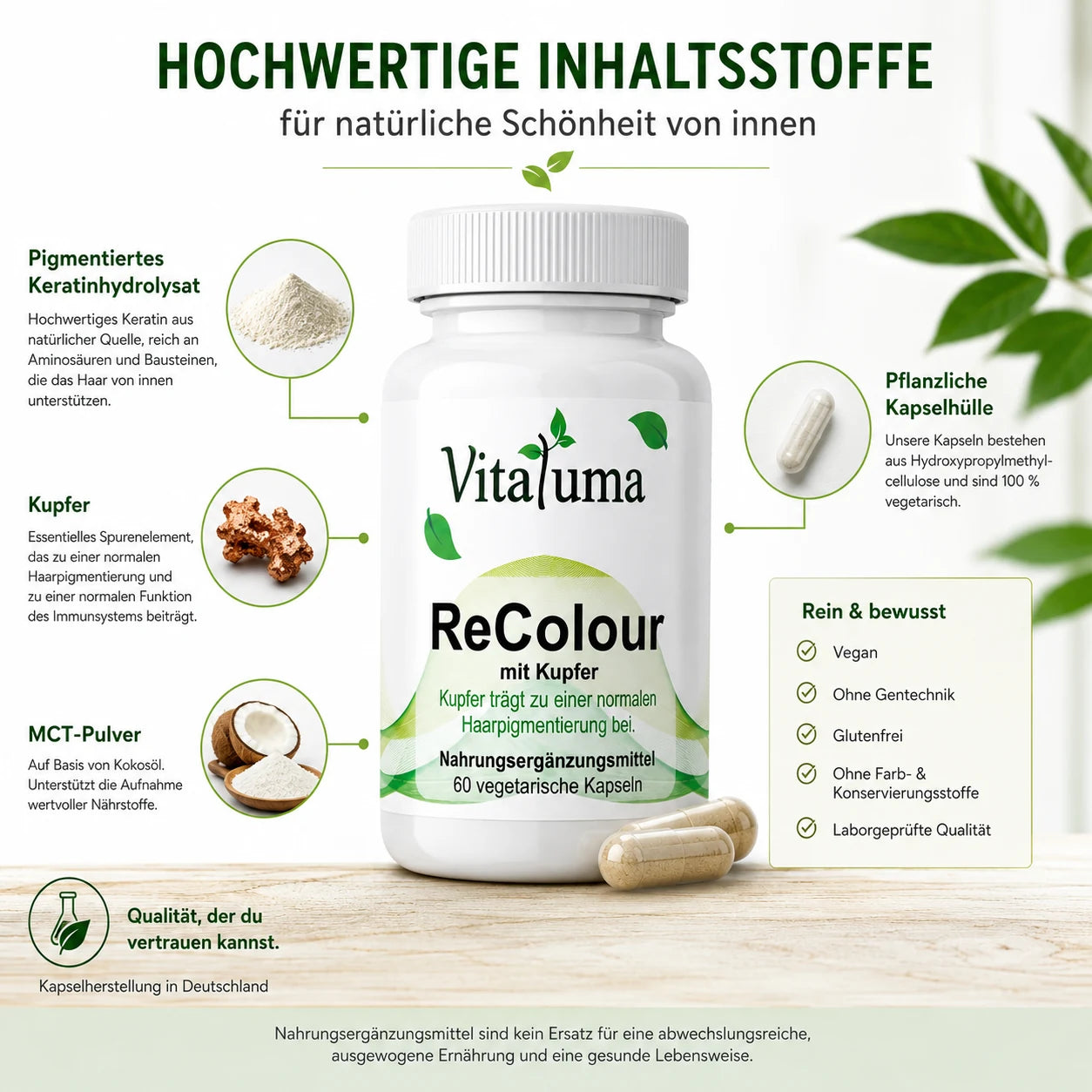 Vitaluma ReColour Inhaltsstoffe mit Keratinhydrolysat und Kupfer für eine normale Haarpigmentierung