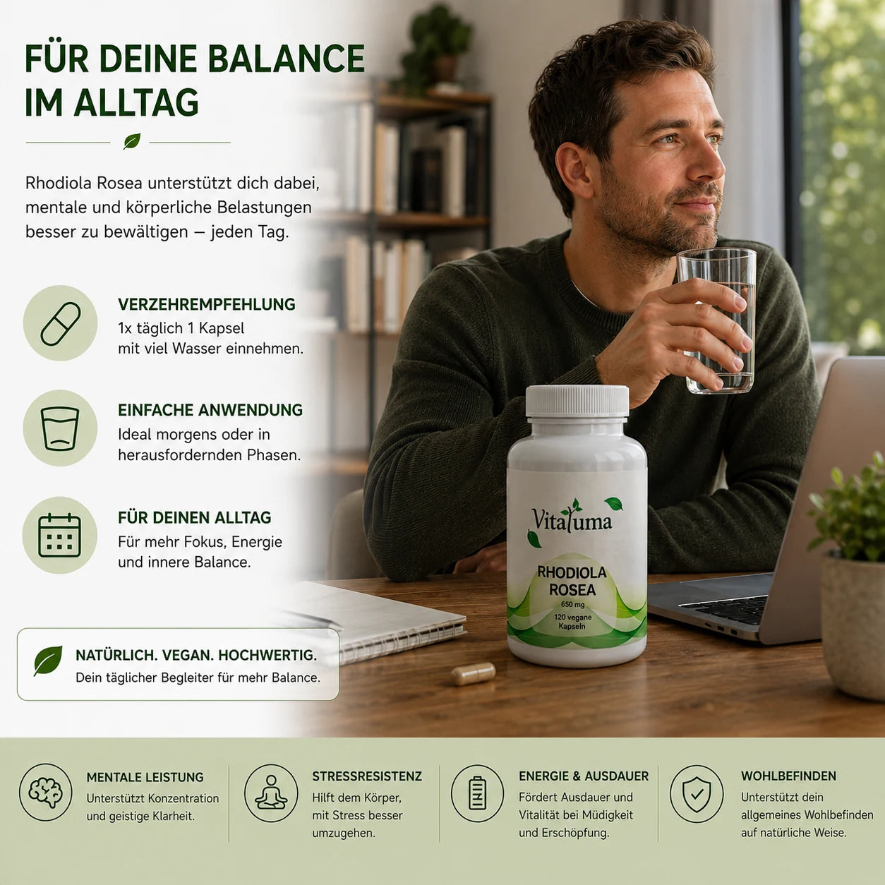 Vitaluma Rhodiola Rosea Kapseln zur täglichen Einnahme mit Wasser in einer natürlichen Lifestyle-Szene für den Alltag
