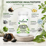 Vitaluma Schwarzer Knoblauch Extrakt mit S-Allylcystein, Zink, Chrom, Folsäure sowie Vitamin B1, B6 und B12.