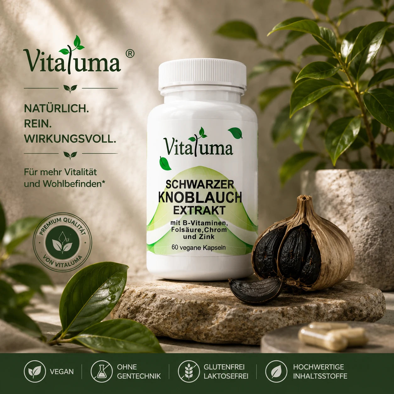 Vitaluma Schwarzer Knoblauch Extrakt in hochwertiger Premium-Qualität mit natürlichen Inhaltsstoffen für den täglichen Bedarf.