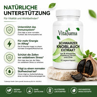 Vitaluma Schwarzer Knoblauch Extrakt mit Zink, Chrom und B-Vitaminen zur Unterstützung von Immunsystem und Energiestoffwechsel.