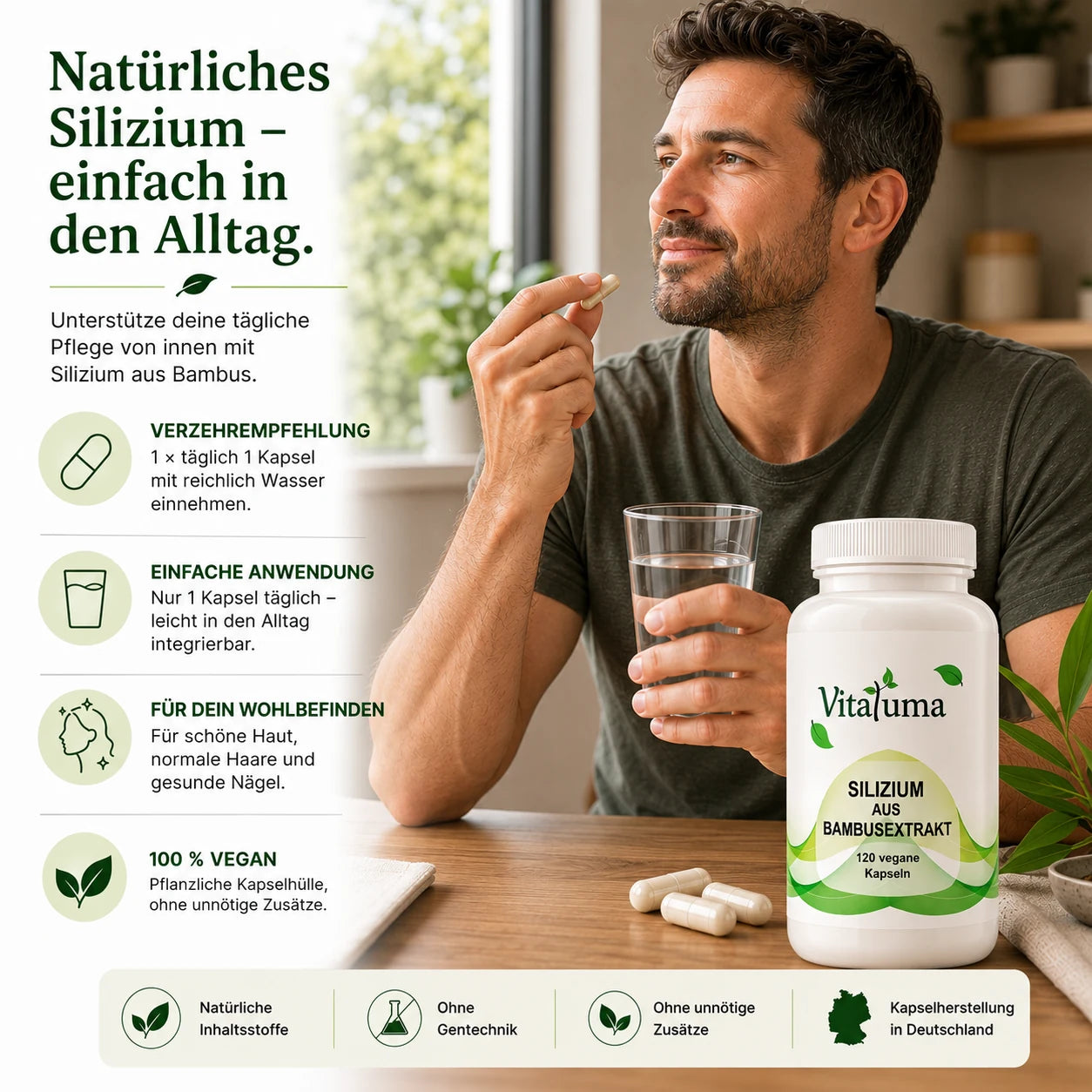 Vitaluma Silizium aus Bambusextrakt zur täglichen Anwendung mit einer veganen Kapsel und reichlich Wasser