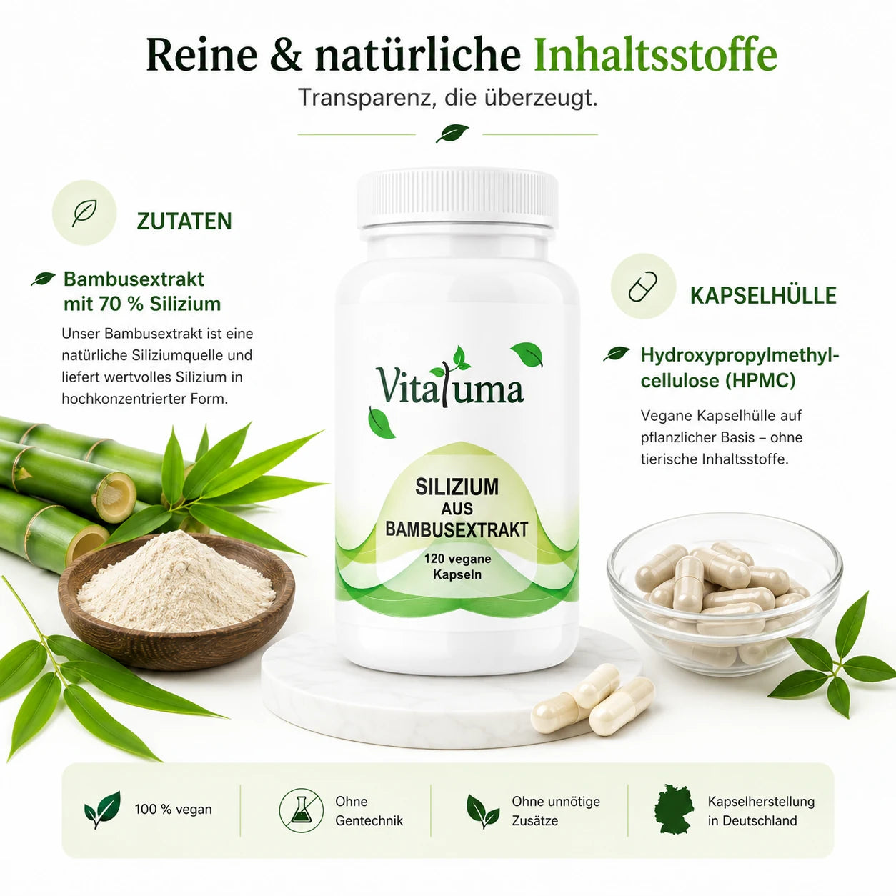Vitaluma Silizium aus Bambusextrakt mit 70 Prozent Silizium und veganer pflanzlicher Kapselhülle aus HPMC