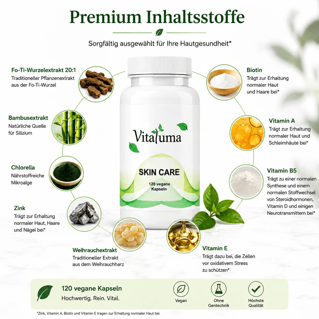 Vitaluma Skin Care mit Fo-Ti, Bambusextrakt, Chlorella, Biotin, Zink und Vitaminen für die tägliche Hautpflege