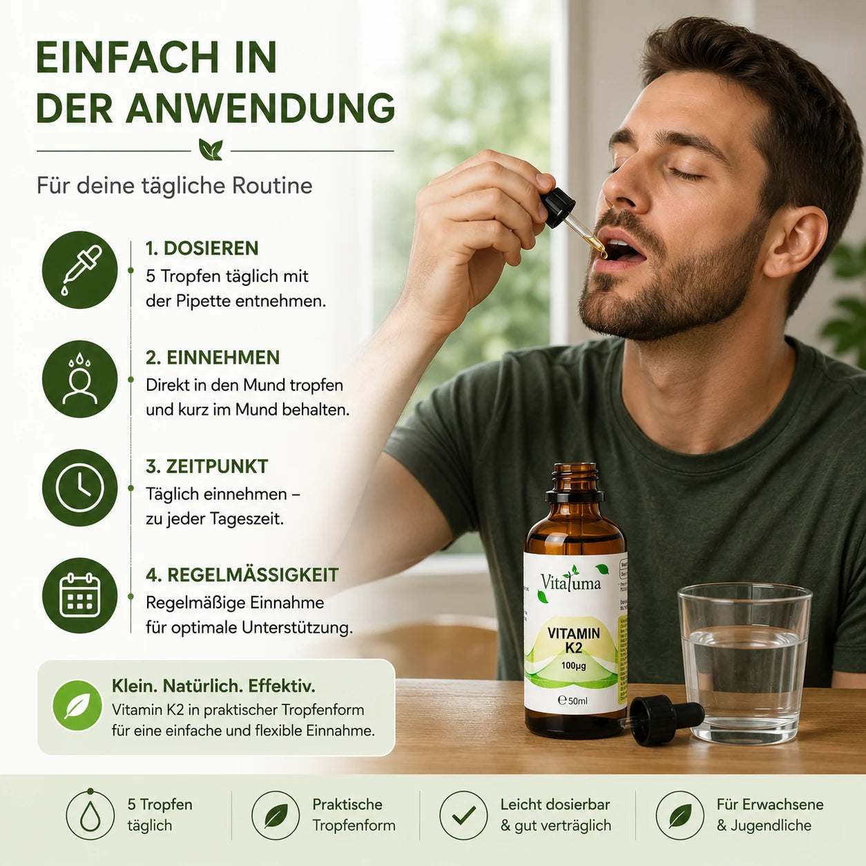 Vitaluma Vitamin K2 Tropfen mit Pipette zur einfachen täglichen Einnahme von fünf Tropfen direkt in den Mund