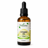 Vitaluma Vitamin K2 Tropfen 100 µg in hochwertiger Braunglasflasche mit Pipette als klares Produktfoto