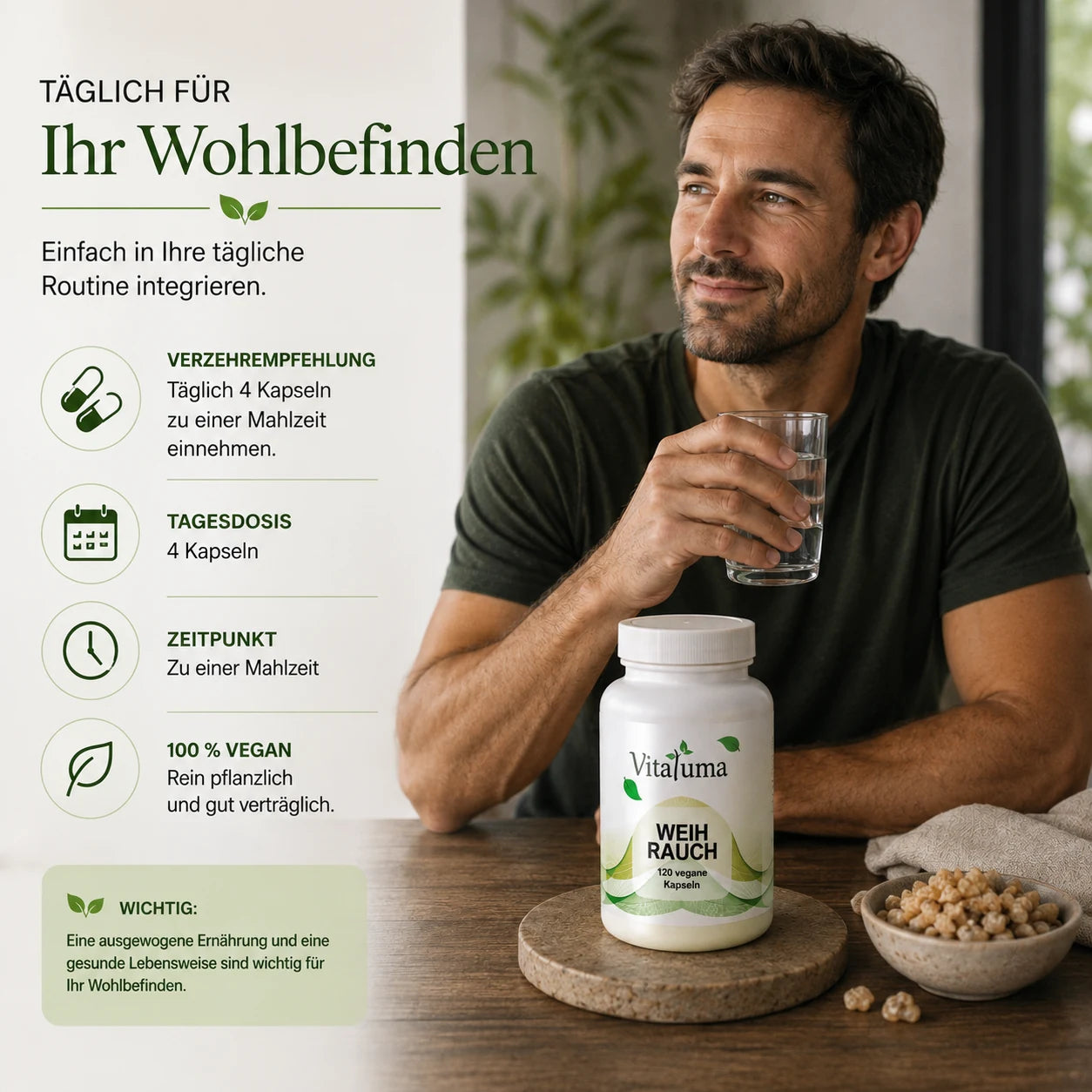 Vitaluma Weihrauch Kapseln zur täglichen Einnahme von vier Kapseln zu einer Mahlzeit als vegane Ergänzung
