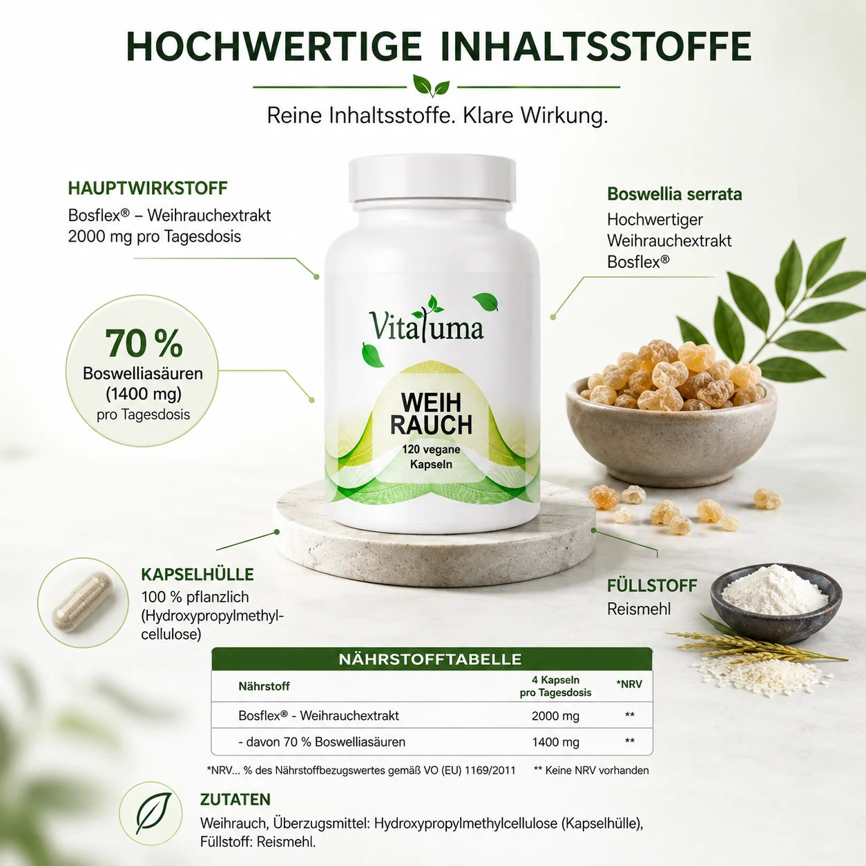 Vitaluma Weihrauch Kapseln mit Bosflex Weihrauchextrakt, 2000 mg Tagesdosis und 70 Prozent Boswelliasäuren