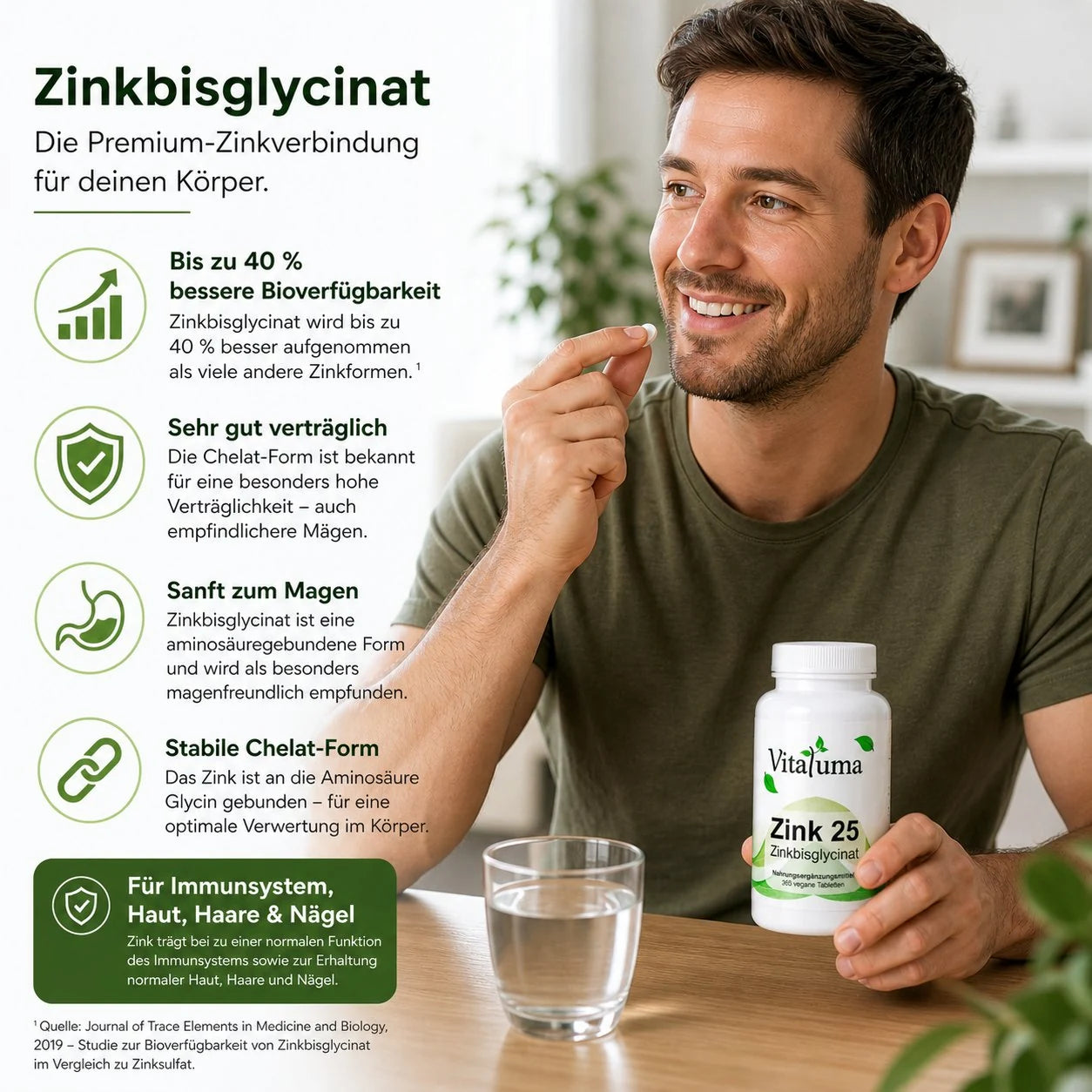 Zink 25mg - Zinkbisglycinat - 365 Tabletten