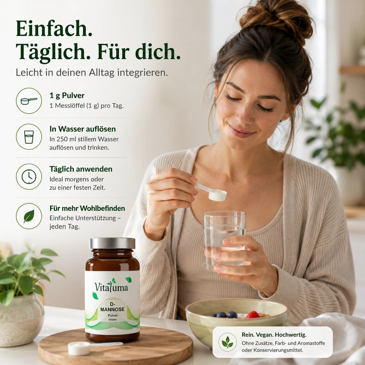 Vitaluma® D-Mannose Pulver einfach in Wasser auflösen und als veganes Nahrungsergänzungsmittel täglich verwenden