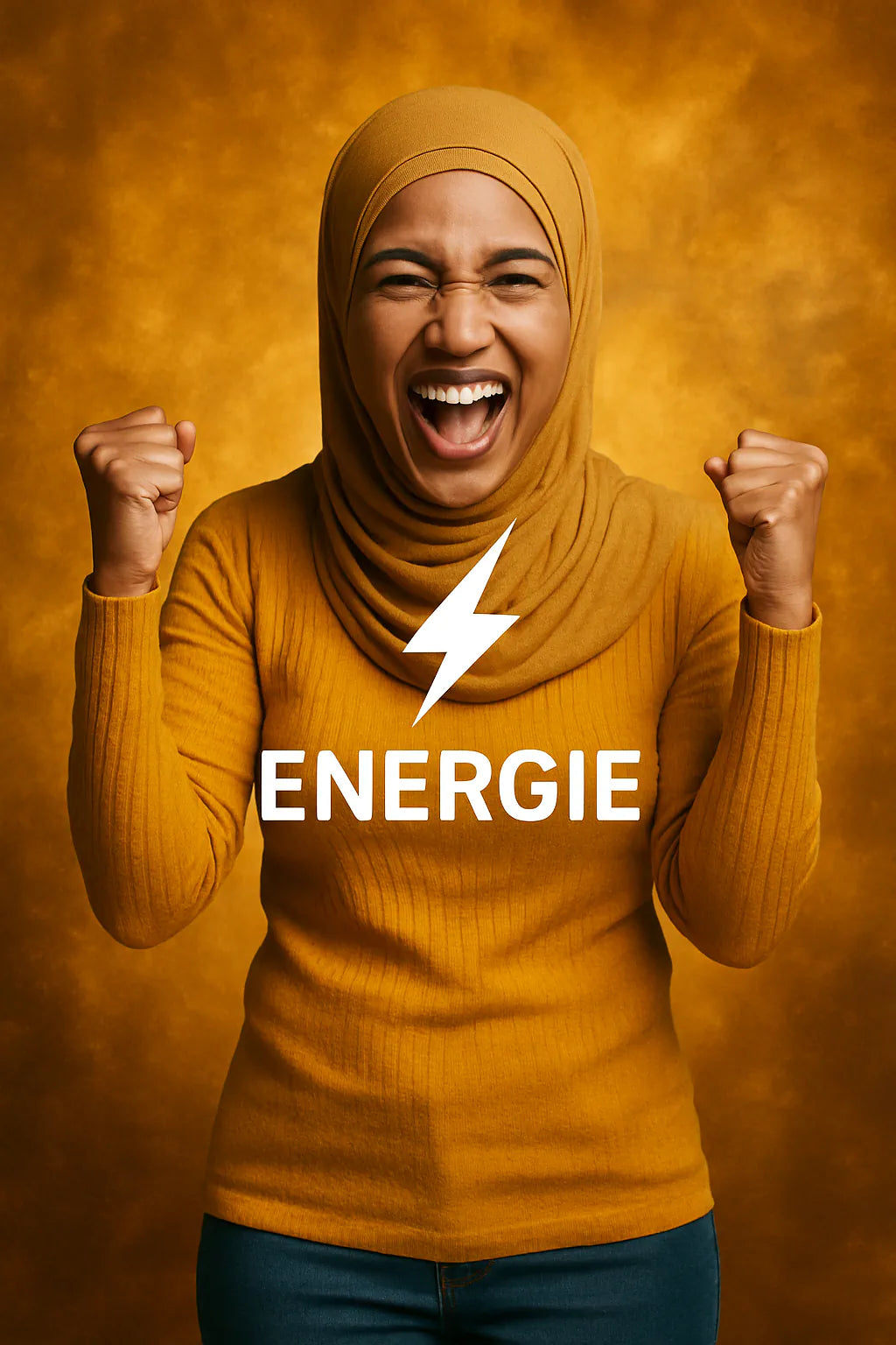 „Lachende Frau mit erhobenen Fäusten, Blitz-Symbol, Text ‚Energie‘ vor orangem Hintergrund – Vitaluma®.“