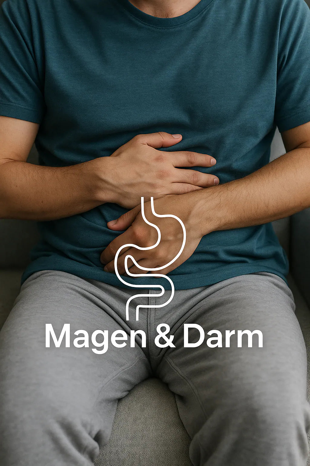 „Mann hält sich den Bauch, Magen-Symbol, Text ‚Magen & Darm‘ – Vitaluma®.“