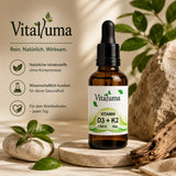 Vitaluma Vitamin D3 + K2 Premium Nahrungsergänzungsmittel in natürlicher Markenpräsentation mit hochwertigem Design