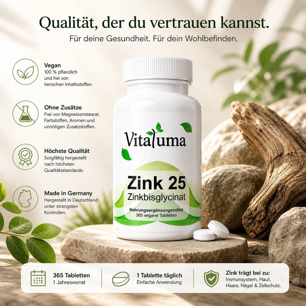Zink 25mg - Zinkbisglycinat - 365 Tabletten - Vitaluma®
