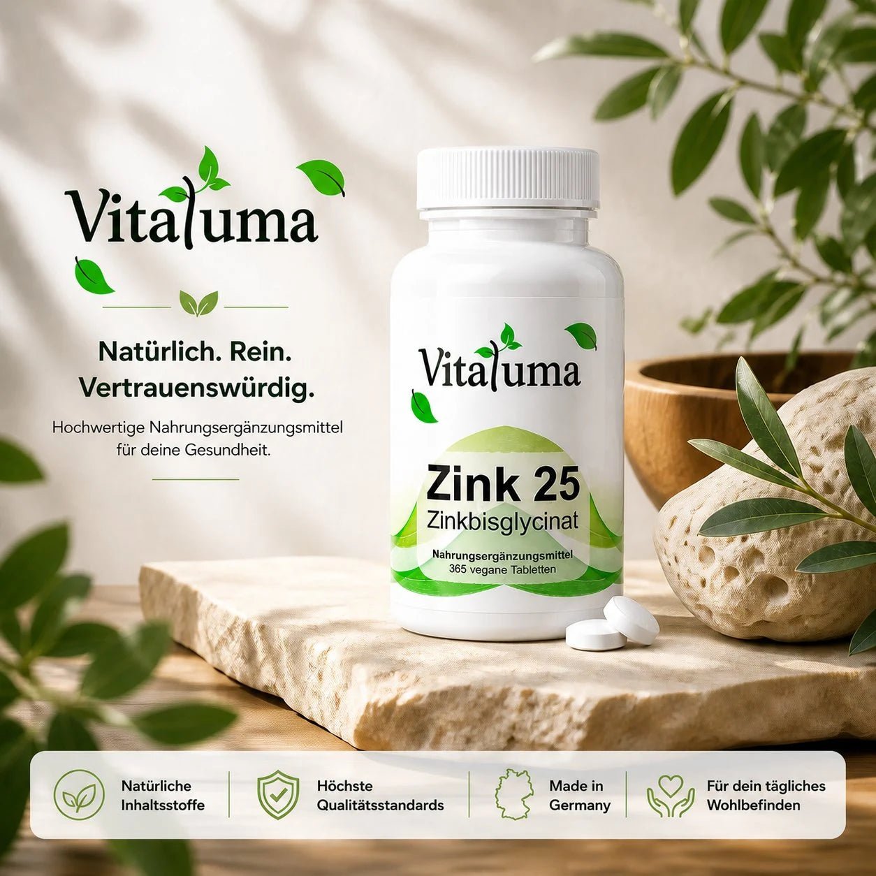 Zink 25mg - Zinkbisglycinat - 365 Tabletten - Vitaluma®
